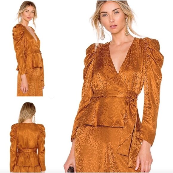 A.L.C. Blouse Womens 10 Brown Silk Wrap Top Puff Sleeve Peplum Jacquard Tie Belt - Picture 3 of 11